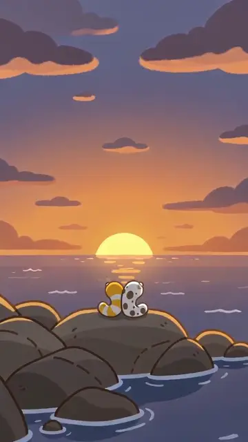 岩場で夕焼けの海を眺める2匹