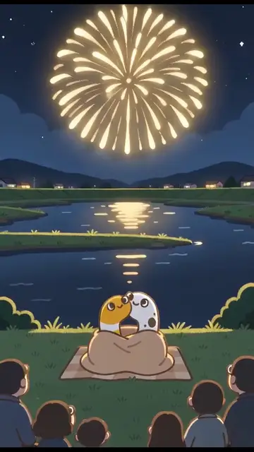 川の上の夜空に大きな花火が開き、2匹が敷物から見上げる場面