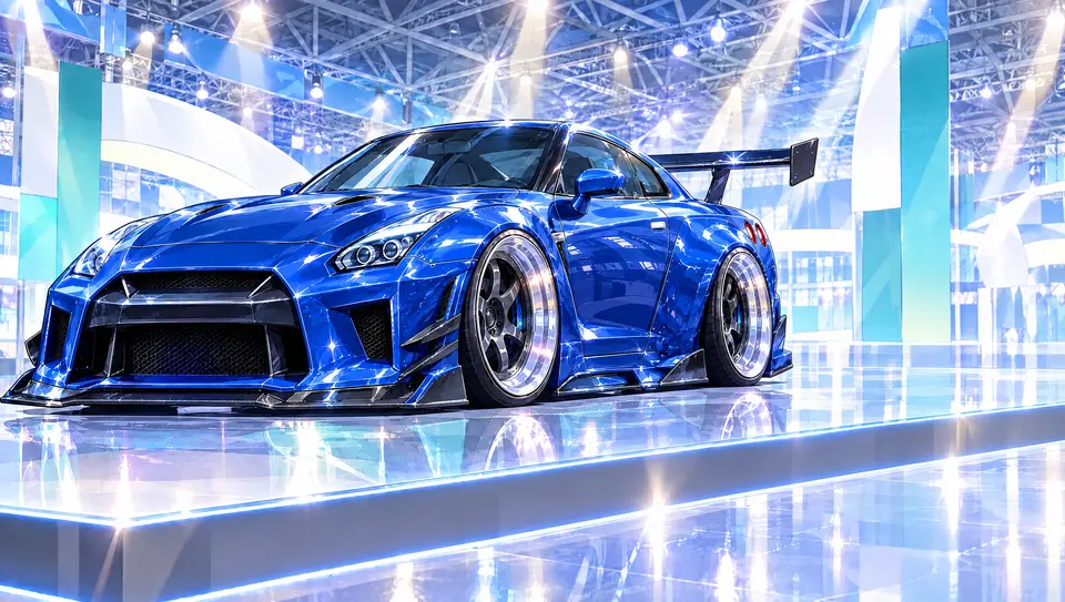 青い改造スポーツカーが展示台に置かれ、右下が広く空いている展示ホールの絵