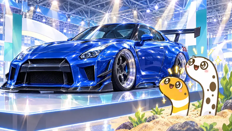 展示ホールの展示台に置かれた青い改造スポーツカーと、砂の小山から顔を出す2匹のマスコットの絵