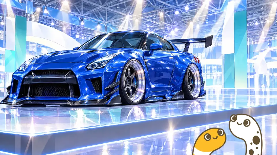 青い改造スポーツカーが置かれた展示台の右下に、2匹のマスコットが重ねてある合成の絵