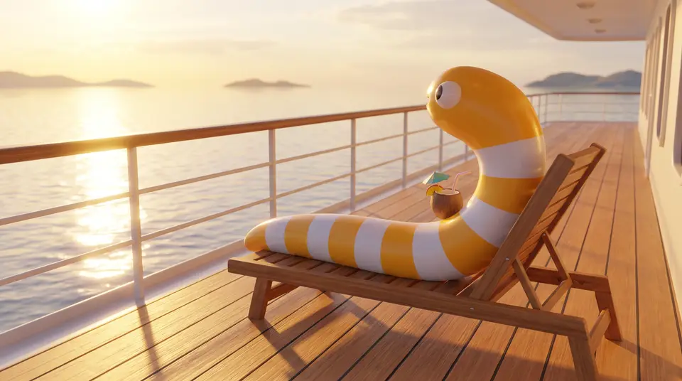 夕方の静かなデッキの椅子で、黄色に白のしまの1匹がくつろぎ、飲み物を置いて海を見る3Dの絵