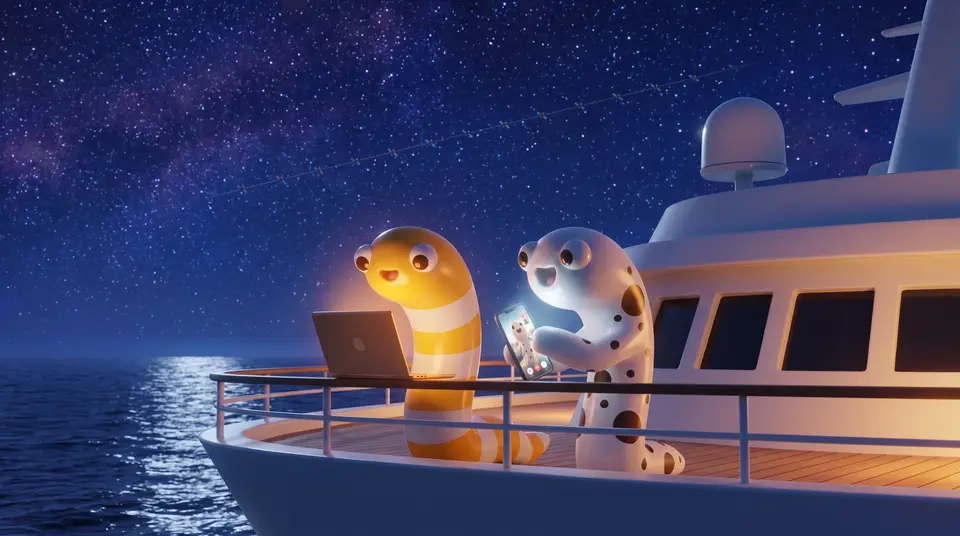 星空の下、沖に出た船の甲板で、ビデオ通話のスマートフォンとノートパソコンを持つ2匹のマスコットの3Dの絵