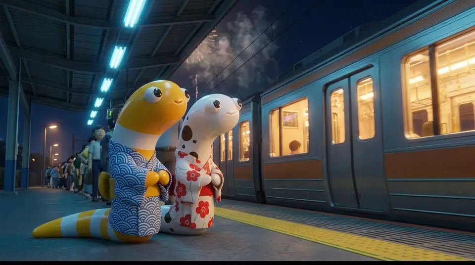 花火の後の夜の駅のホームで、浴衣の2匹のマスコットの奥に、並ぶ人影が写っている3Dの絵
