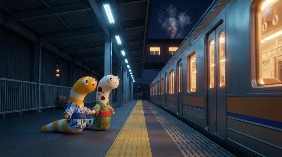 人のいない夜の駅のホームで、浴衣の2匹のマスコットが黄色い線の内側で電車を待つ3Dの絵
