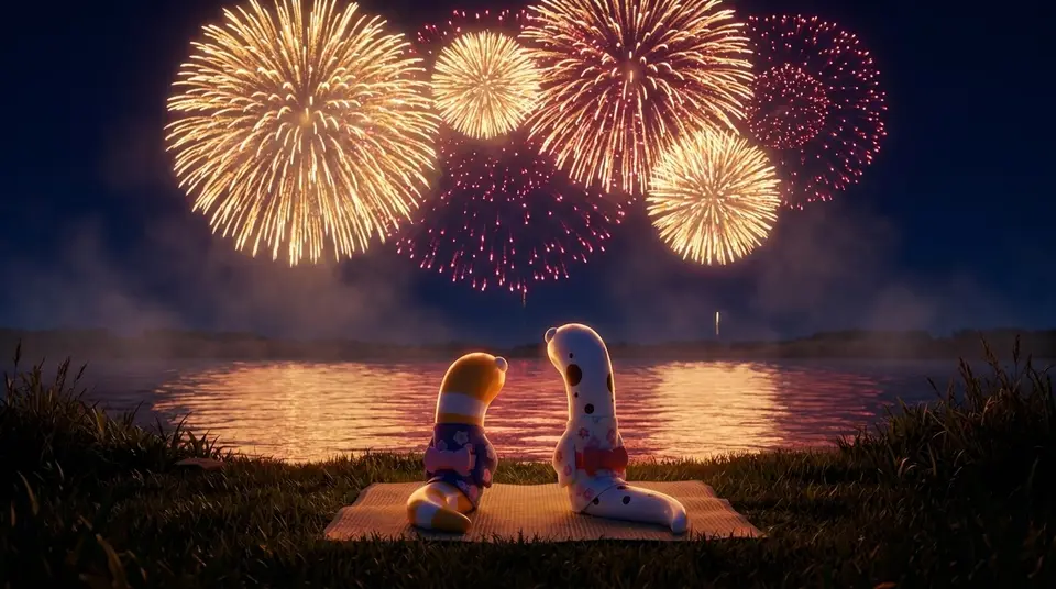 夜の川べりで、浴衣を着て並んで座り、大きな花火を見上げる2匹のマスコットの3Dの絵