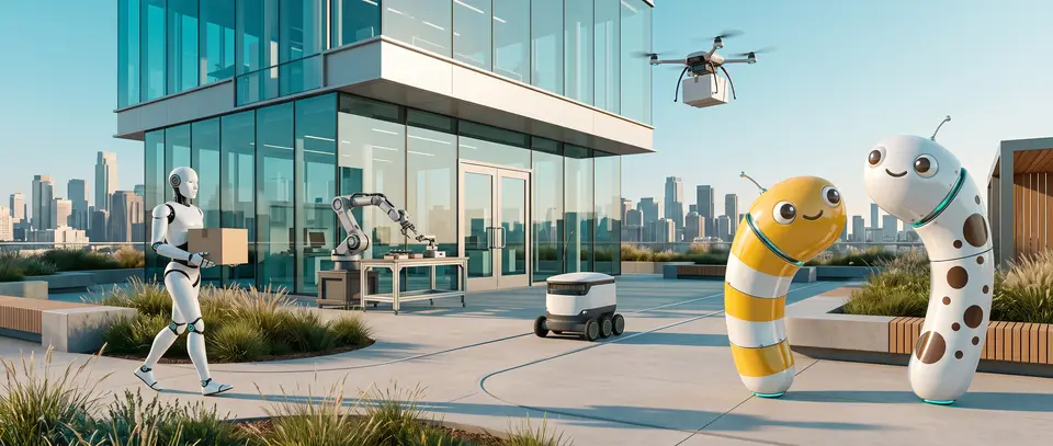 朝のロボット研究棟のそばの広場で、ロボット風の2匹のマスコットと、荷物を持つ人型ロボット、配達ロボットがいる写真風の絵